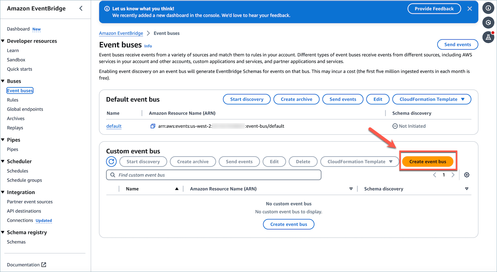 The Event buses page in the Amazon EventBridge console, the Create event bus button.