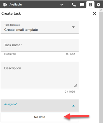 The CCP, create task page, Assign to blank, No data message at the bottom of page.