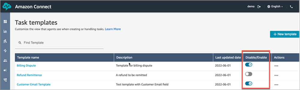 The task templates page, the disable or enable toggle for each template.