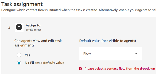 The task assignment section, the default value dropdown list.