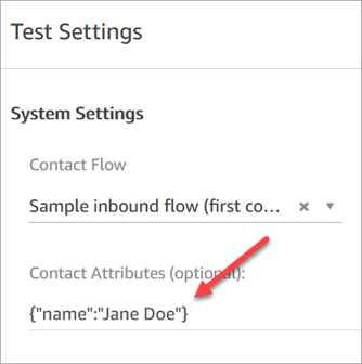 
                            The test settings page, a contact attribute key in quotes, a
                                value in quotes.
                        