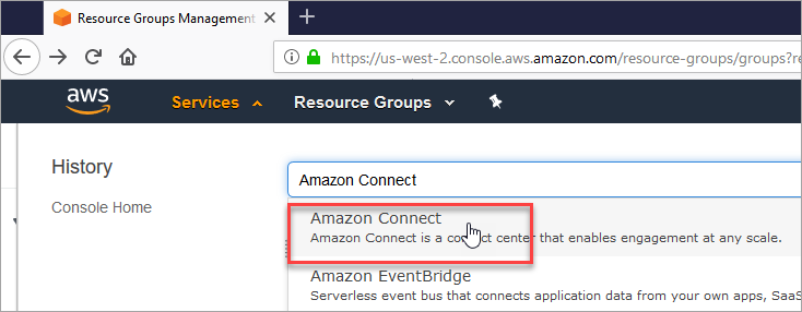 
                            The search box, Amazon Connect in the dropdown list of results.
                        