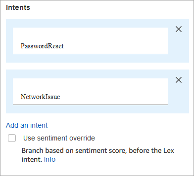 The Intents section, the PasswordReset intent and NetworkIssue intent.