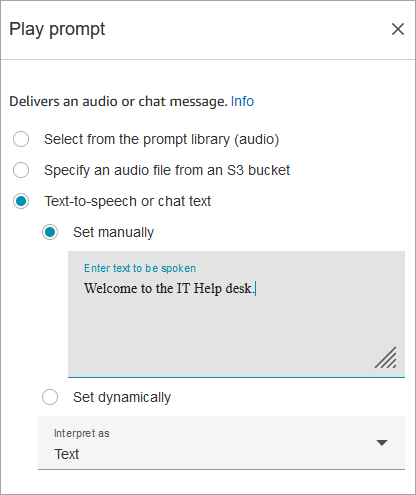 The play prompt block, properties page, text-to-speech or chat text, set manually, Welcome to the IT help desk.