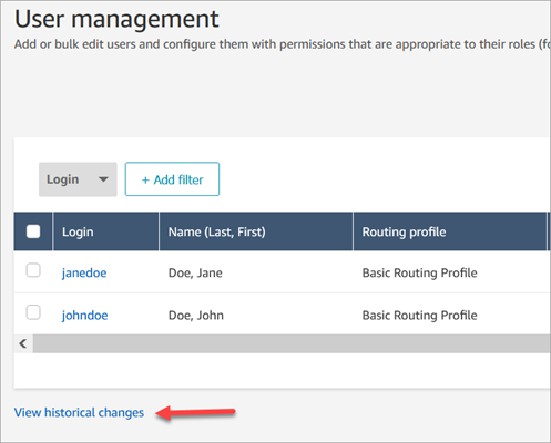 
                        The user management page, with an arrow pointing to the View
                            historical changes link.
                    