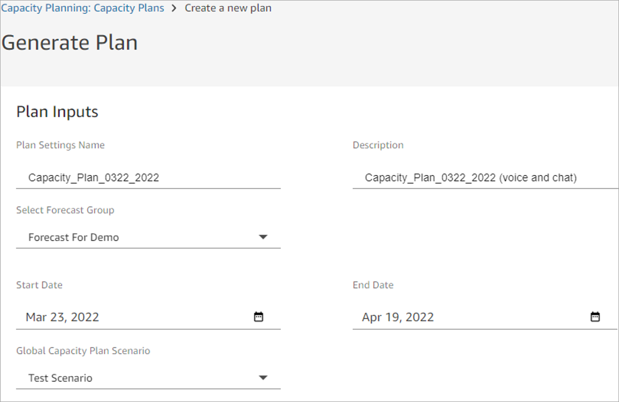
                                The Generate Plan page, the Plan Inputs section, example
                                    values.
                            