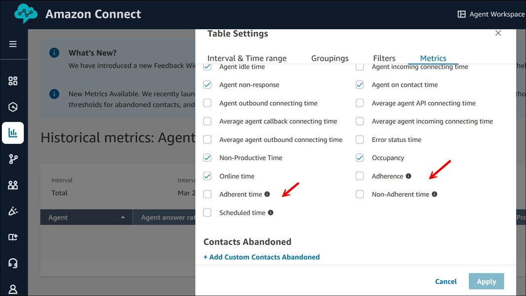 The historical metrics page for agents, the table settings box, the schedule adherence metrics.