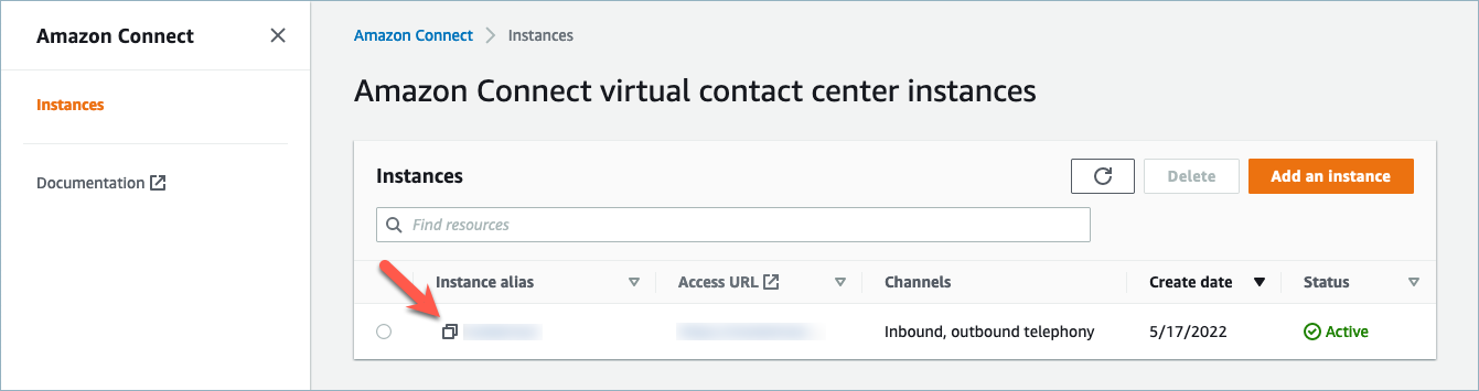 The Amazon Connect virtual contact center instances page, the instance alias.