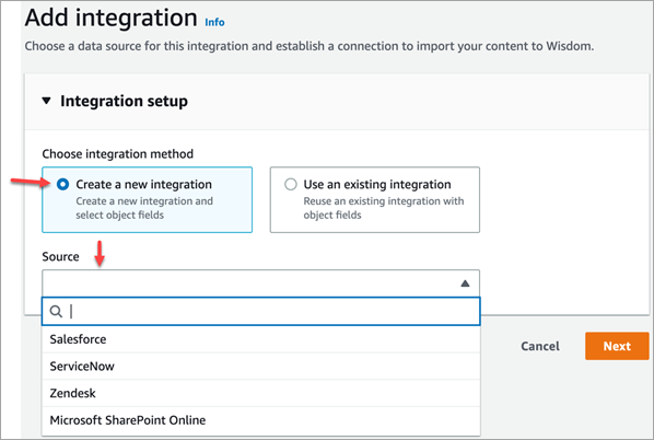 
                            The Add integration page, the Create a new integration option,
                                the Source dropdown list.
                        