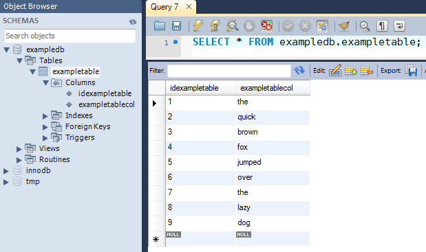 
                            Sample MySQL table configuration
                        