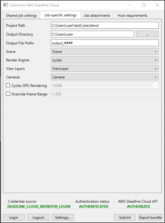 The job-specific settings tab of the Blender submitter.