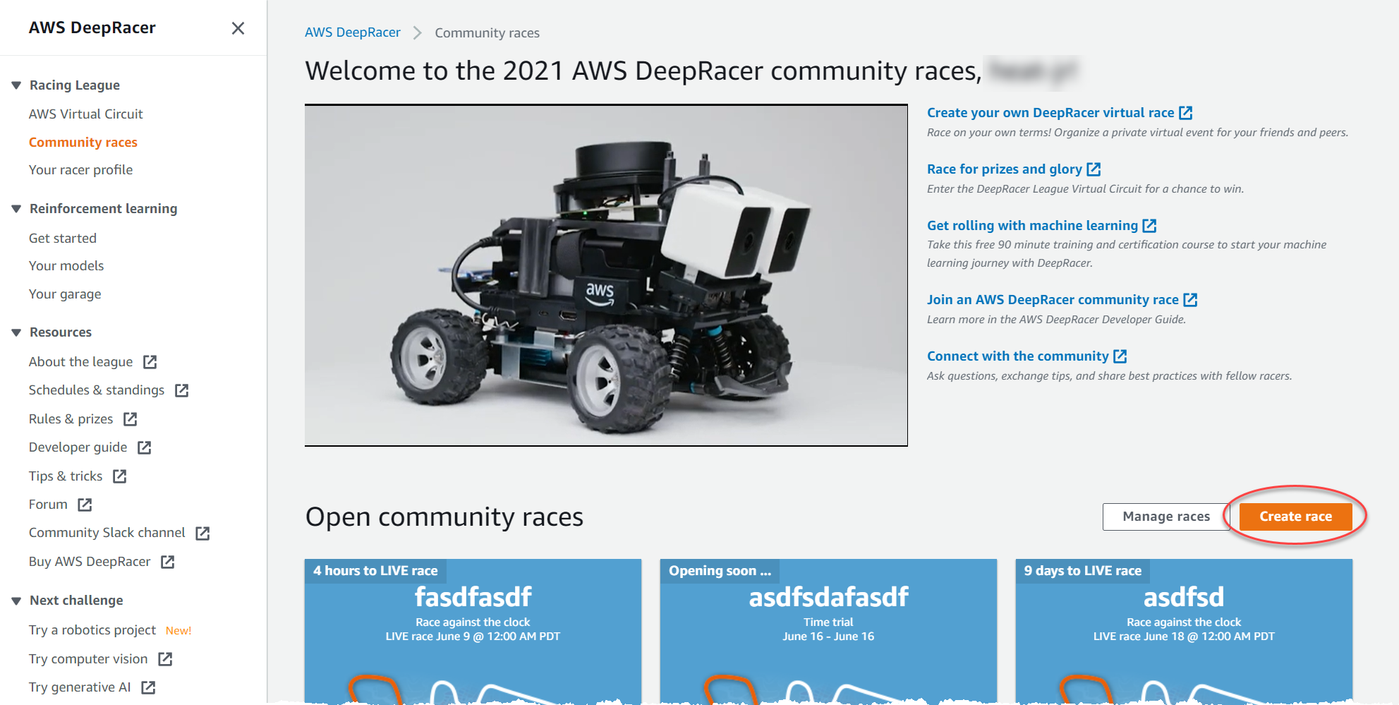 
                        Create a AWS DeepRacer community race.
                    