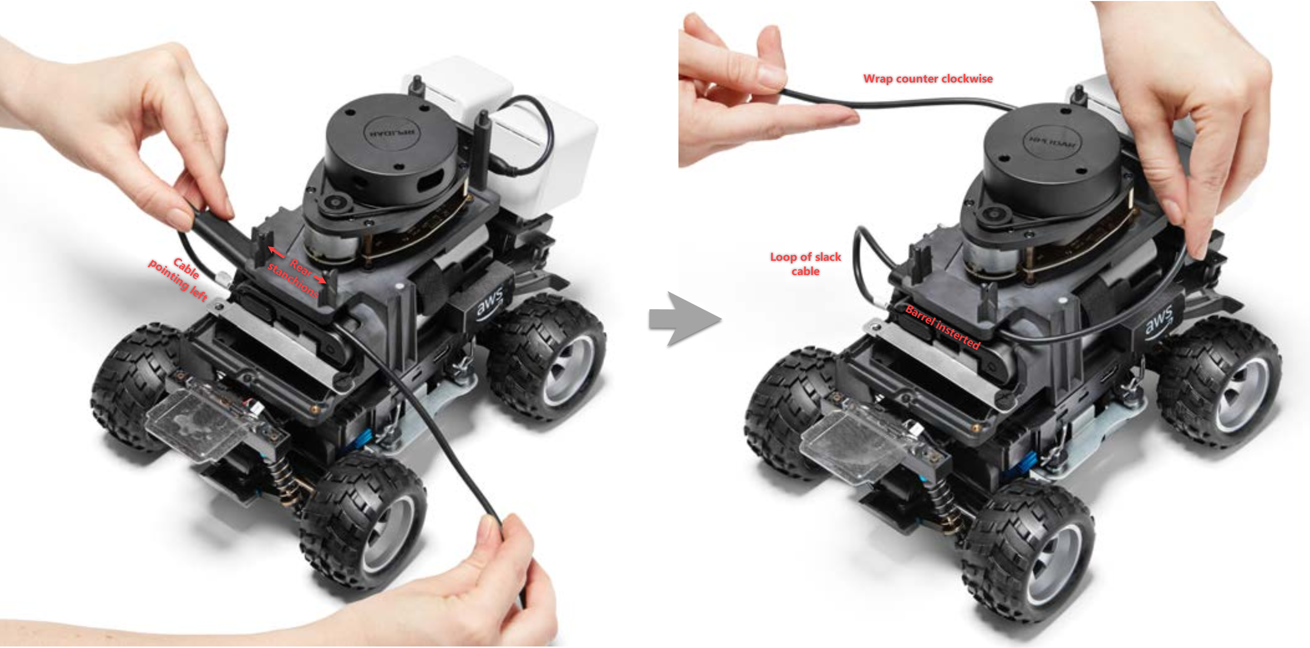 
                        With the connector cable pointing to the left from the USB-C port, the cable is laced through the
                            space in between the LiDAR base and the compute battery. There is a loop of slack to the left, the
                            barrel is inserted into the space, and the cable is wrapped counterclockwise.
                    