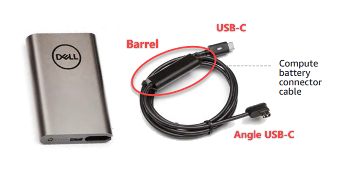 
                The Dell compute battery connector cable has a USB-C angle end, a standard USB-C end, and a
                    barrel.
            