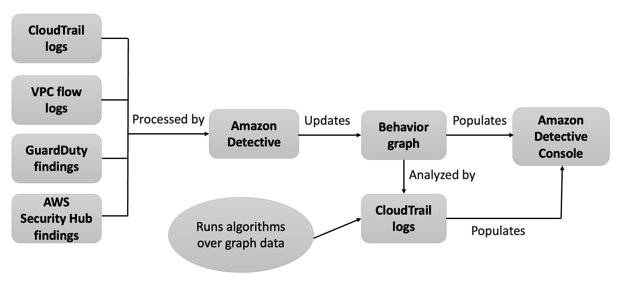 Diagram showing the flow of incoming source data into Detective, where it is used to populate the behavior graph.