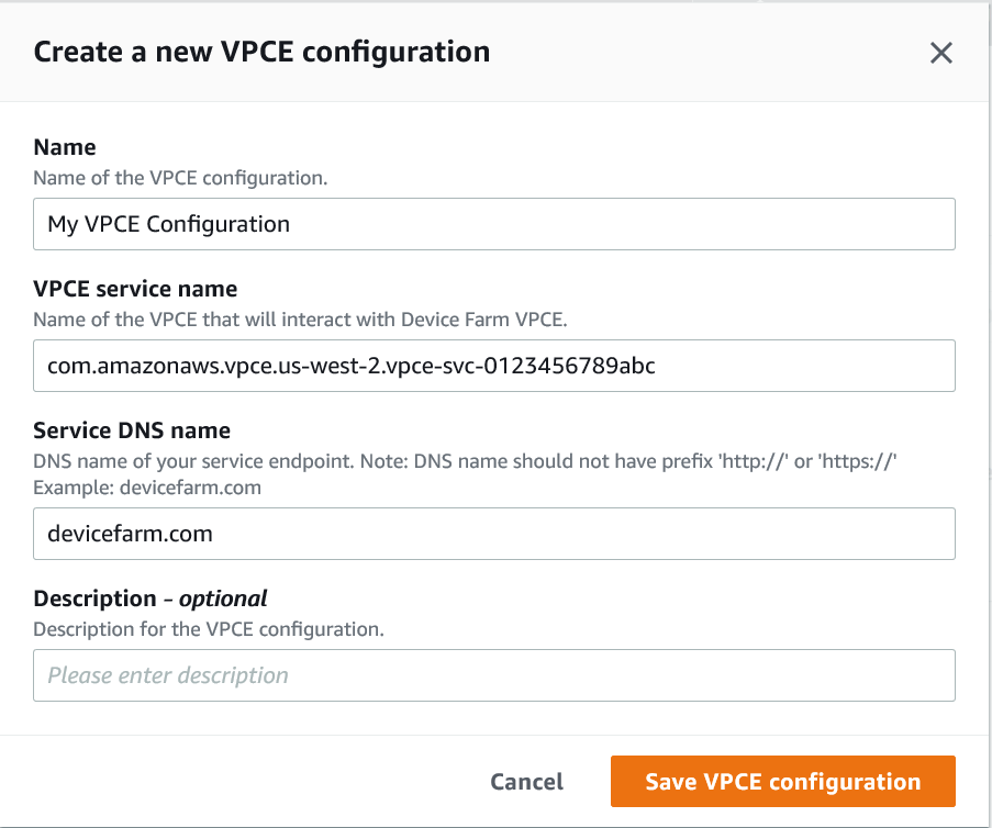 The Create a New VPC Configuration page with sample data
