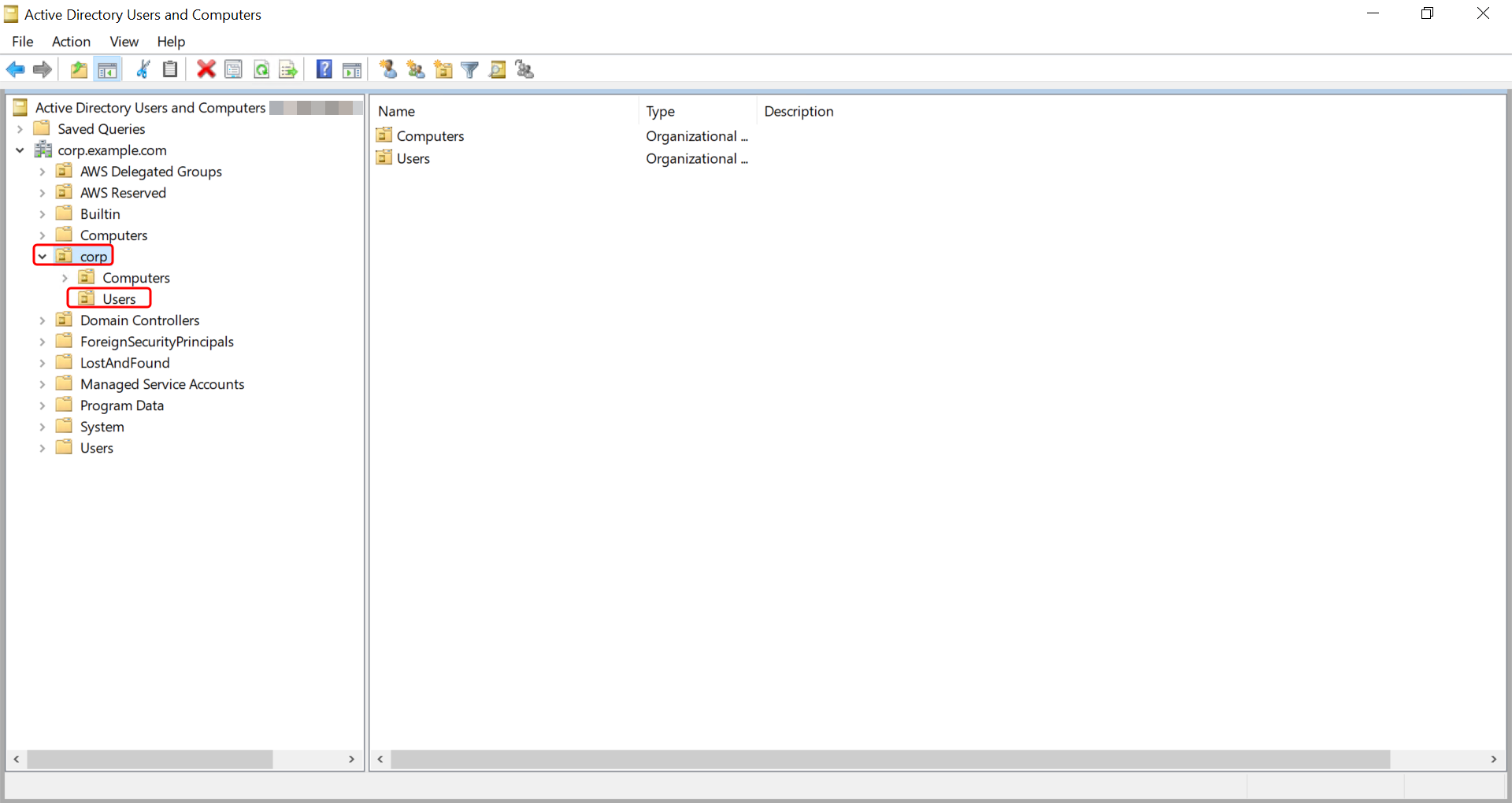 
          Active Directory Users and Computers tool showing example OU structure.
        