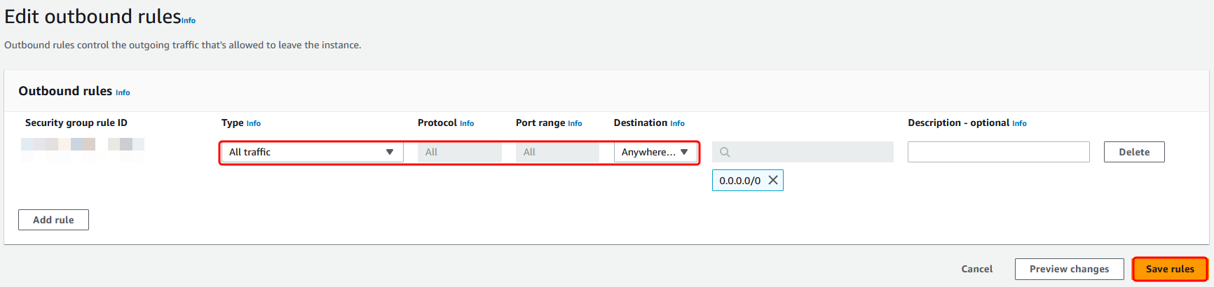 In the Amazon VPC Console, edit the outbound rules for the directory controller security groups.