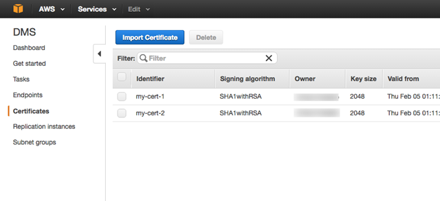 
                     AWS Database Migration Service SSL certificate management
                