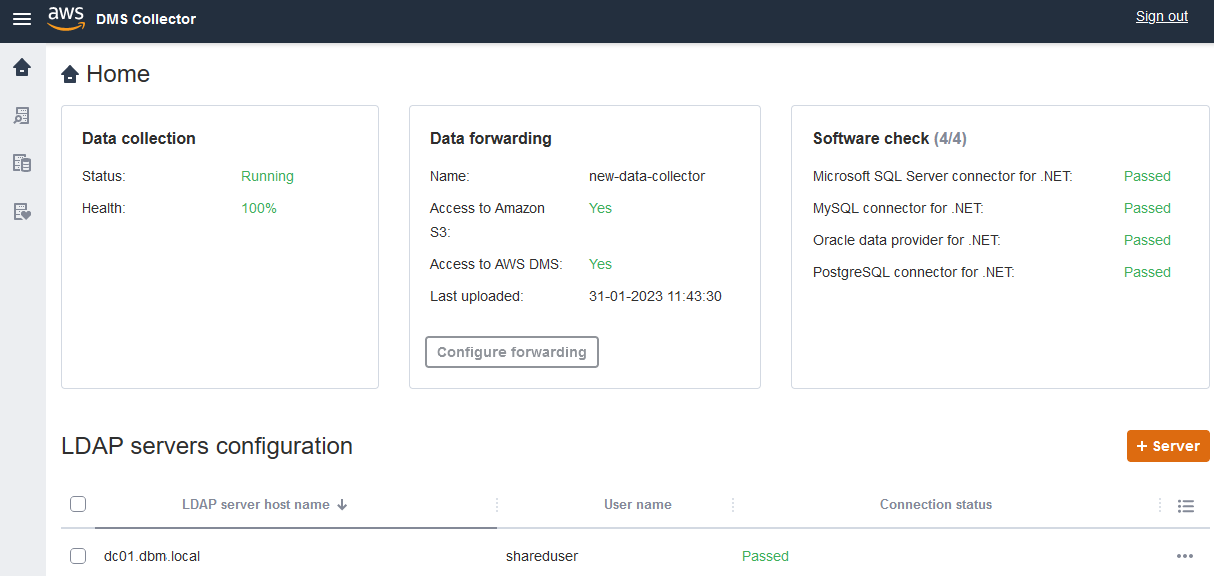
                AWS DMS data collector home page.
            