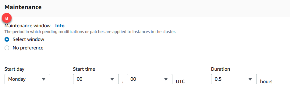
                           Screenshot of the Maintenance pane showing the steps to configure the cluster's maintenance window.
                        