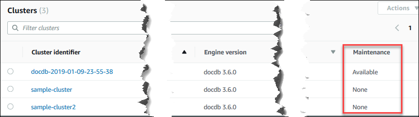 
                              Console screenshot showing Amazon DocumentDB cluster 
                                 maintenance field.
                           