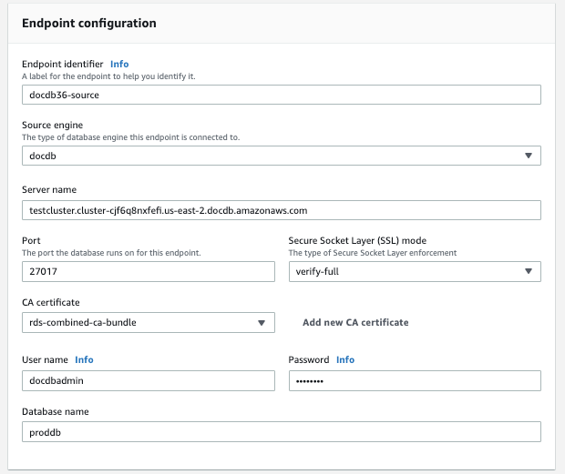 
                     Image: An endpoint configuration dialog for the AWS DMS source showing nine configuable fields and drop-down menus.
                  