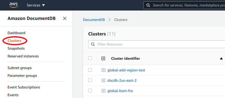 The Clusters page in the Amazon DocumentDB console.