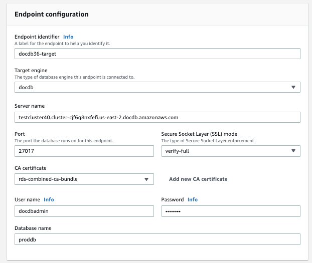 
                           Image: An endpoint configuration dialog for the AWS DMS target showing nine configuable fields and drop-down menus.
                        