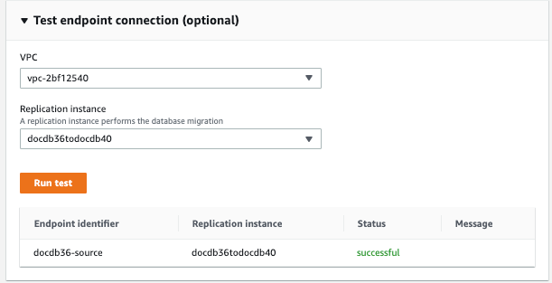 
                     Image: Test endpoint connection dialog for the AWS DMS source showing two drop-down menus, a test button, and a list of executed tests.
                  