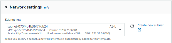 Subnet info dropdown showing details like VPC, CIDR, and availability zone.