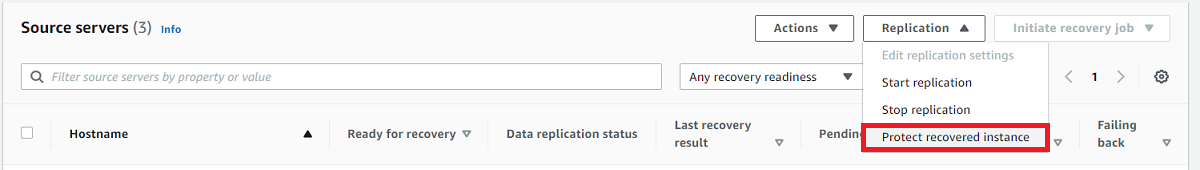 Dropdown menu option to protect a recovered instance in a cloud management interface.