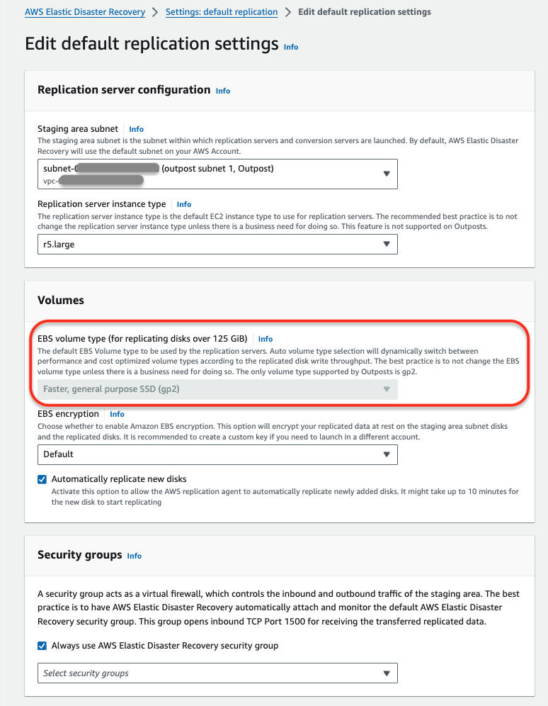 Edit default replication settings interface for AWS Elastic Disaster Recovery configuration.