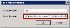 Edit System Variable dialog showing Variable name "Path" and Variable value field with text input.