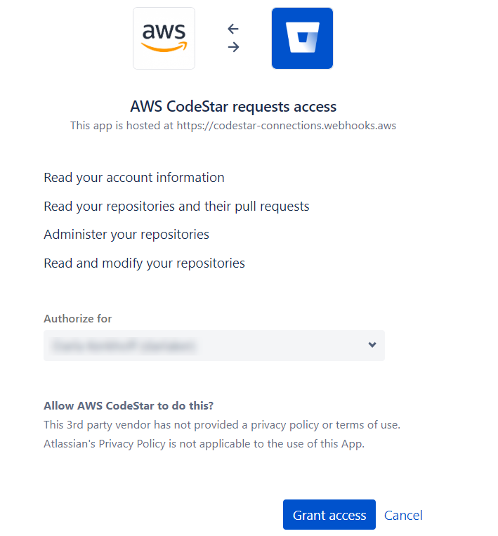 
                    Console screenshot showing AWS CodeStar requests access.
                