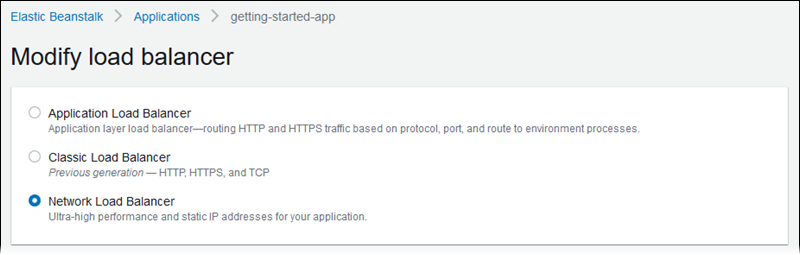 Elastic Load Balancing configuration page - choosing load balancer type