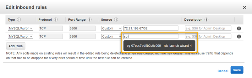 Edit the inbound rules for a security group in the Amazon EC2 console