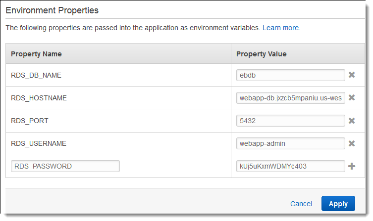 Environment properties configuration section with RDS properties added