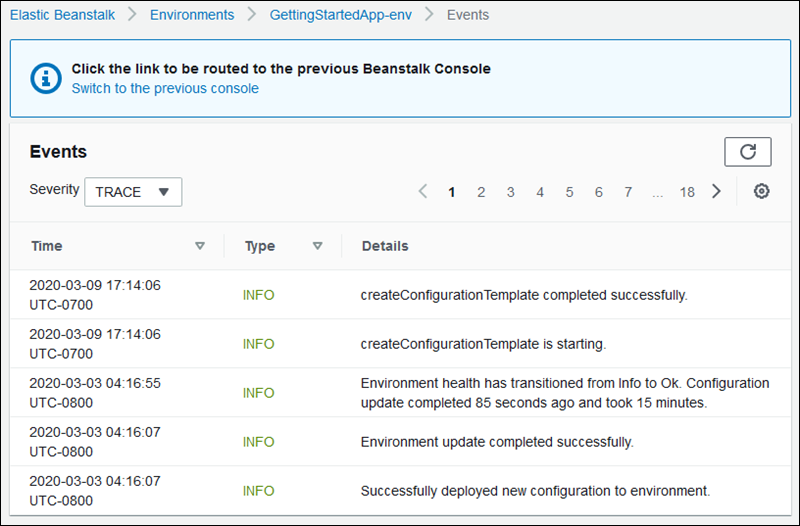 
          Environment events page of the Elastic Beanstalk console
        