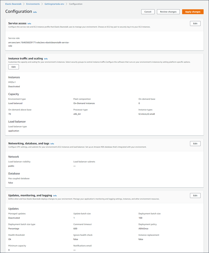 The configuration overview page of the Elastic Beanstalk console