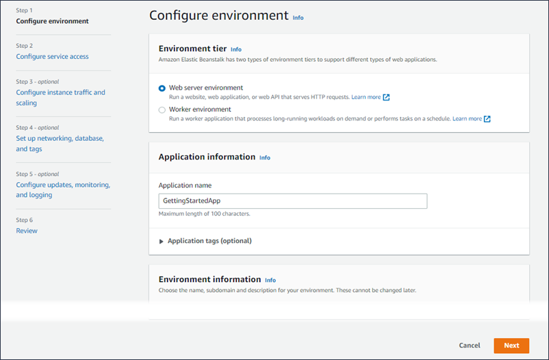 
        Configure environment panel. Linkable steps on left side of panel. Marked optional if applicable.
      