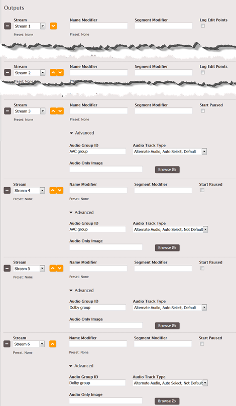 Audio stream configuration interface with multiple output streams and advanced settings.