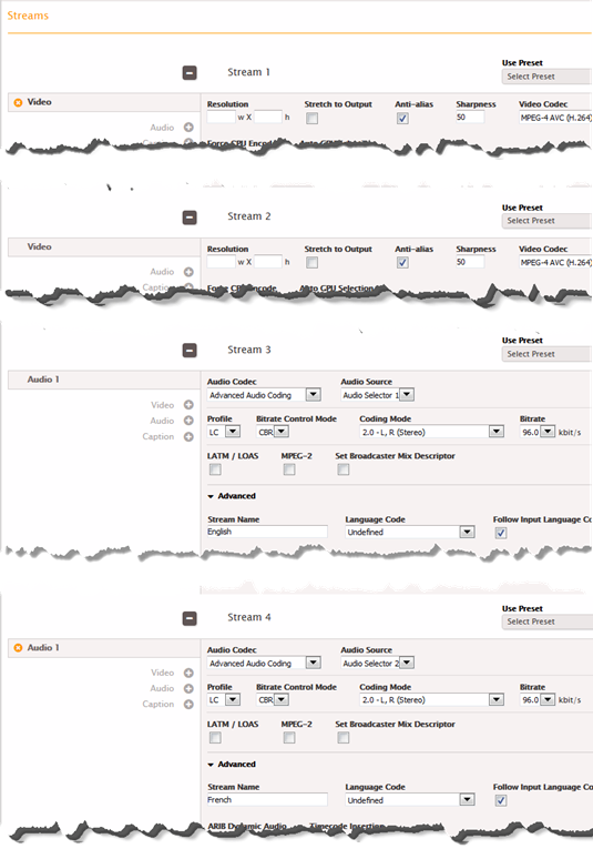 Stream configuration interface showing settings for video, audio, and encoding options.