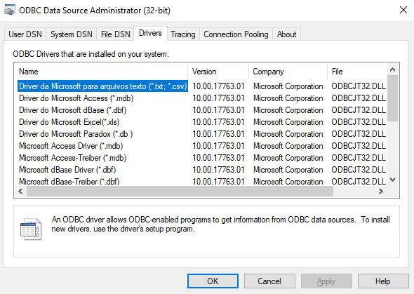 
            ODBC drivers installed on system
        