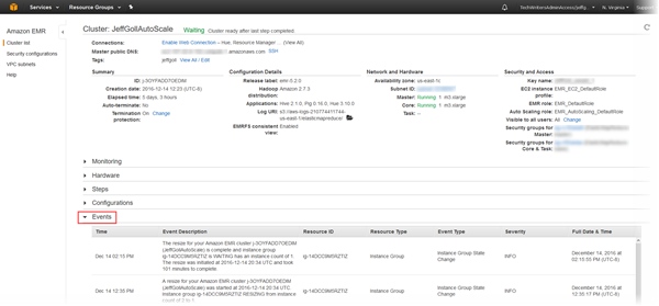 
								Amazon EMR events viewed in the cluster details pane.
							