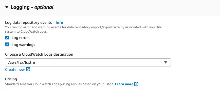 The Logging - optional section of the Create file system wizard,
                showing that event logging is turned off by default.