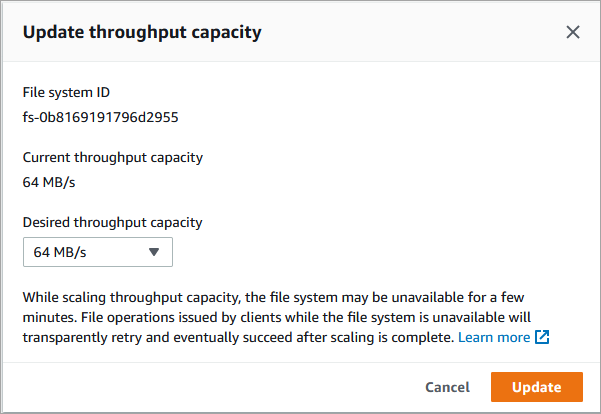 Console screen shot showing the Update throughput capacity window