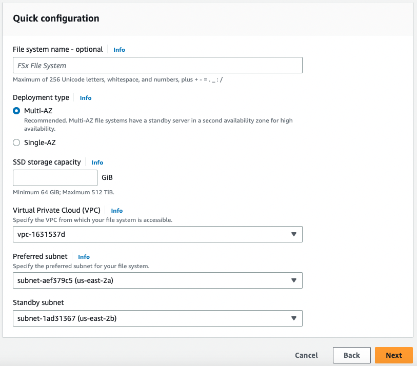 
      Quick create file system details screen showing options for the file system name
        and storage capacity.
     