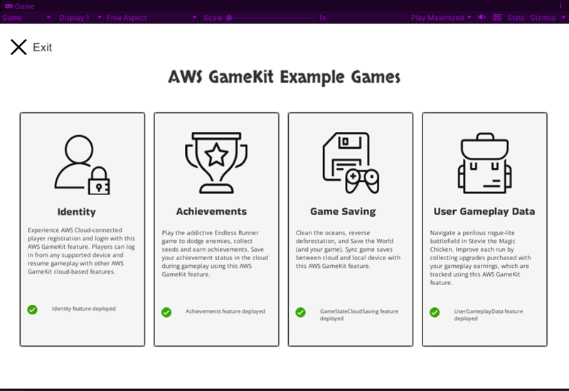 
    AWS GameKit sample project main menu
   