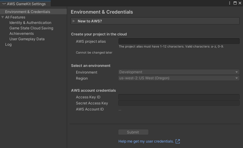 AWS GameKit project settings in the Unity Editor